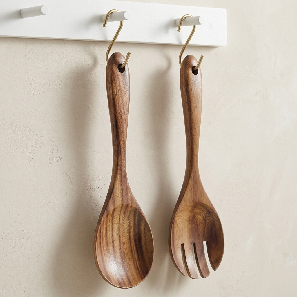 Wooden Serving Utensil Set - Ergonomic Spoons & Forks for Effortless Dining 