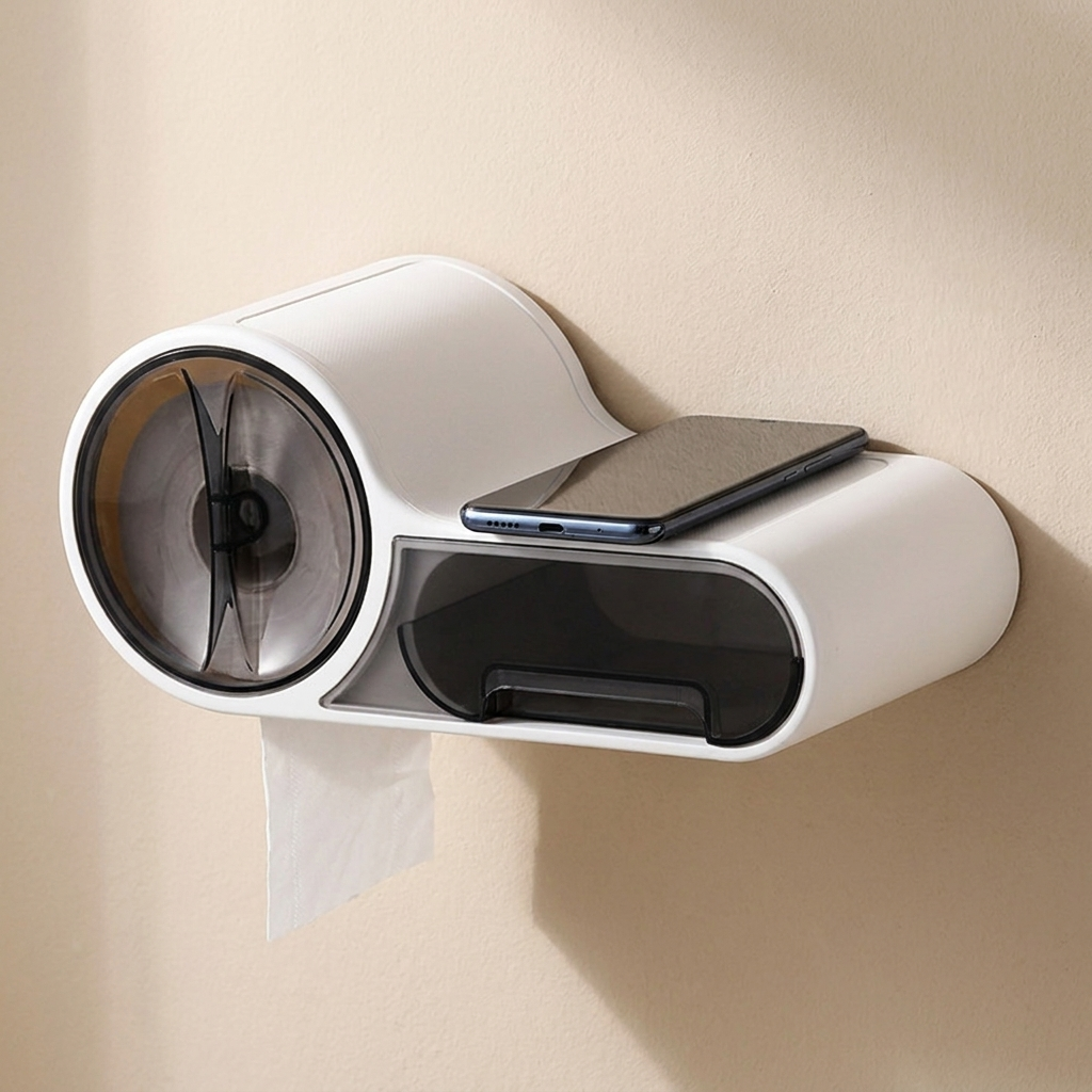 Wall Mounted Tissue Holder, Punch Free, Storage Shelf, Roll Dispenser