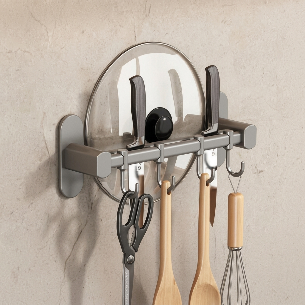 Wall Mounted Kitchen Hook Rack Metal Adhesive Utensil Organizer