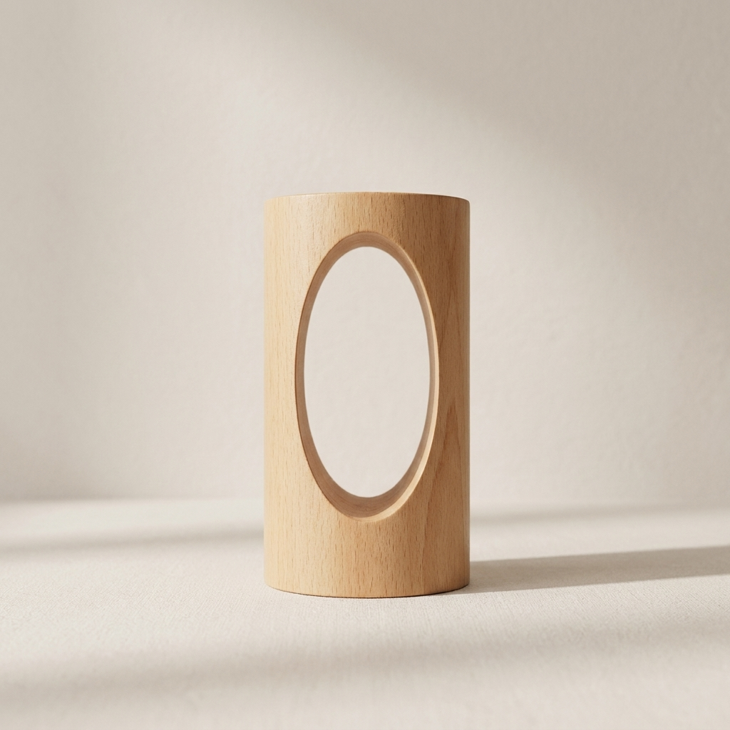 A minimalist light wood cylindrical object with a large oval cutout in the center, standing on a neutral surface against a soft beige background.