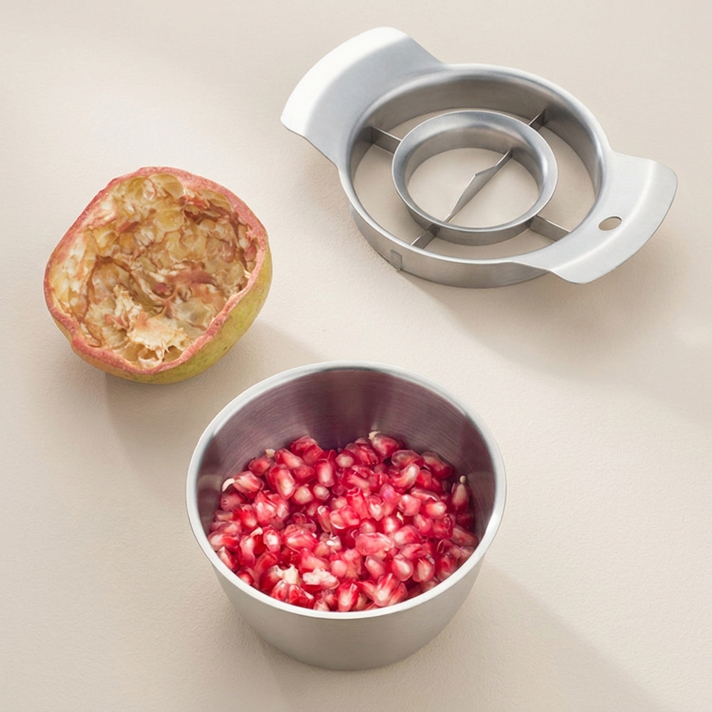 A stainless steel citrus pomegranate cutter and coring tool shown with a partially peeled pomegranate half and a bowl of extracted red pomegranate seeds on a light beige background.
