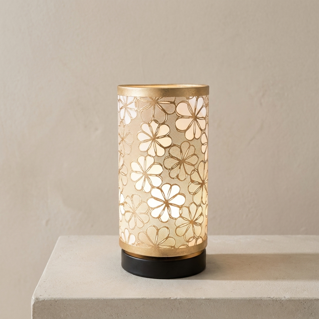 A cylindrical table lamp with a warm white glow inside, featuring a gold metal frame with laser-cut floral patterns and a black base, set on a light stone surface against a neutral beige wall.