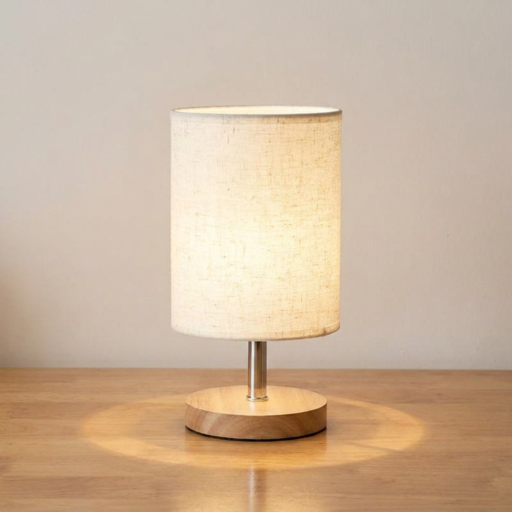 A table lamp with a cylindrical beige linen shade, a slim metallic stem, and a round light wood base, shown lit on a wooden tabletop against a plain light wall.