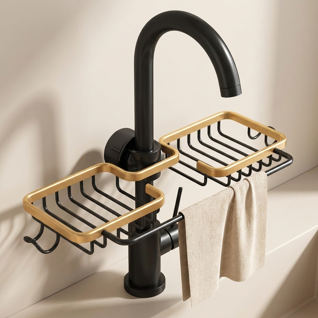 A matte black wall-mounted faucet with integrated soap dish holders and a hanging beige towel, shown against a warm off-white wall and sink surface.