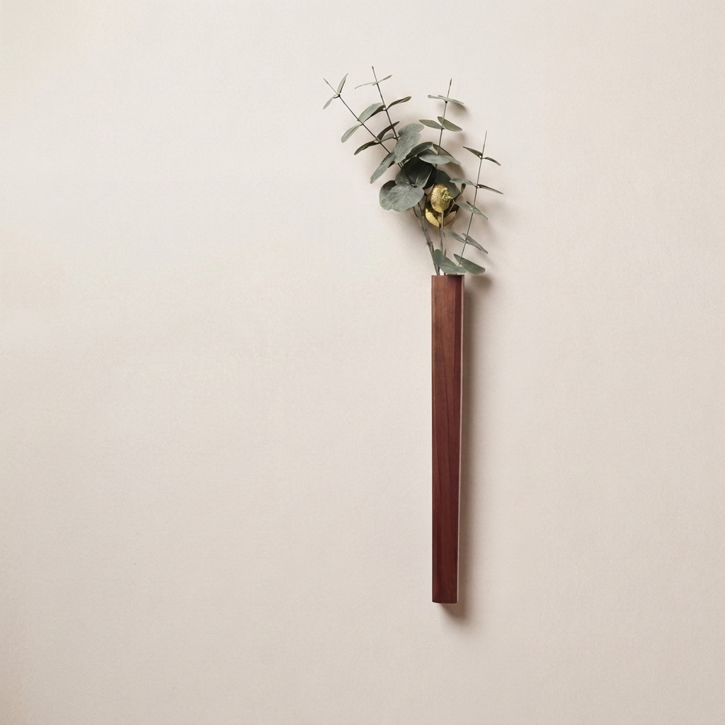 A minimalist wall-mounted vase made from a long, narrow rectangular wooden block in a warm reddish-brown tone, holding a small arrangement of eucalyptus leaves and a dried yellow flower, set against a plain beige wall.