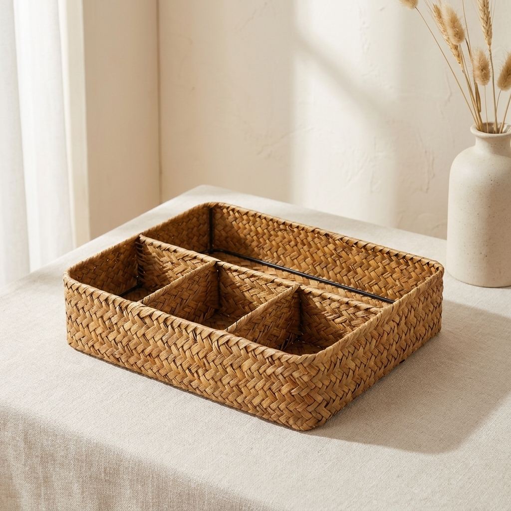 A rectangular woven tray with five compartments, made from natural tan seagrass or wicker, displayed on a light beige tablecloth next to a white ceramic vase with dried grasses.