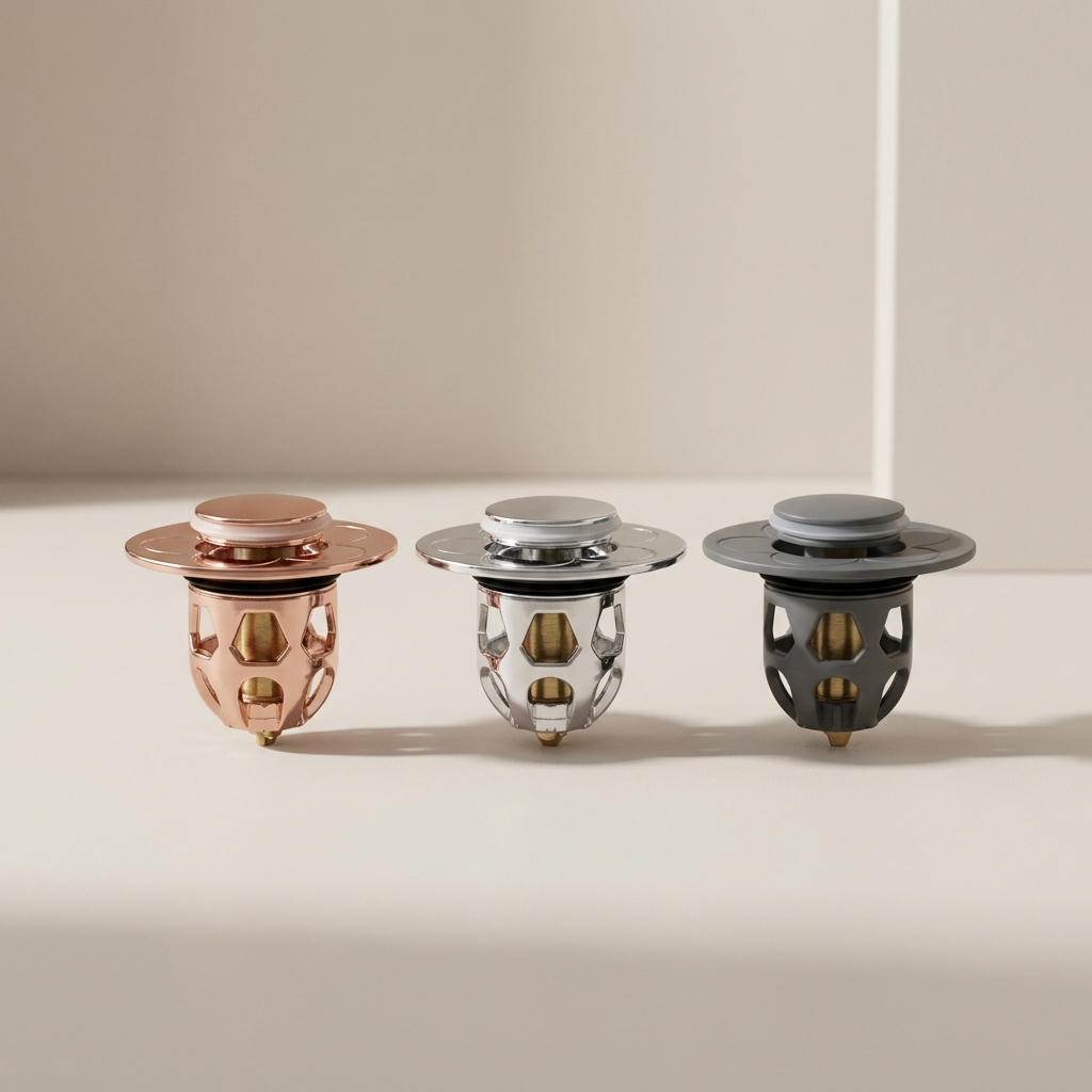 Three metal sink drain stoppers in rose gold, silver, and dark gray, arranged side by side on a light beige surface against a matching background.