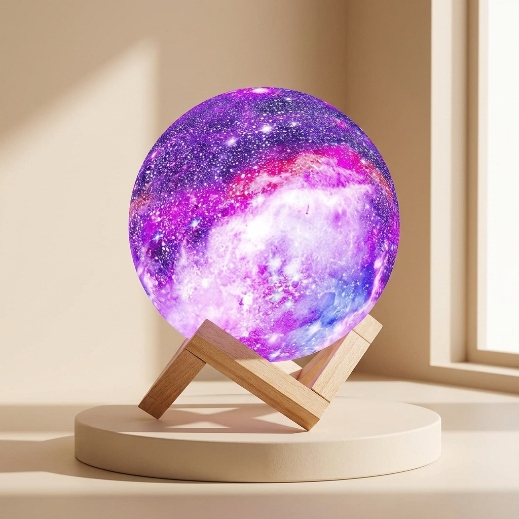 A glowing 3D spherical galaxy lamp with purple, pink, and blue nebula patterns, displayed on a light wood A-frame stand atop a round beige pedestal in a softly lit interior setting.