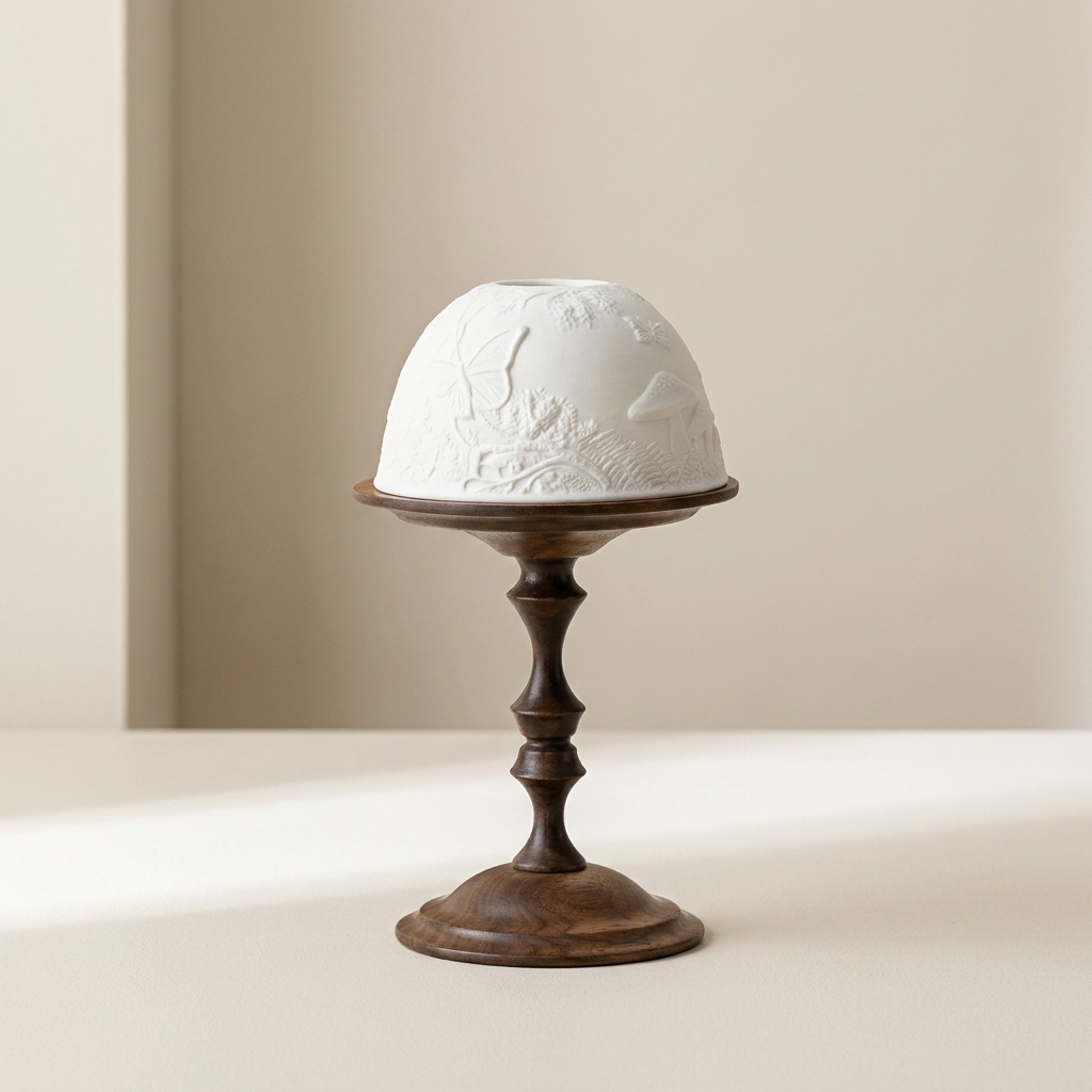 A white ceramic dome-shaped candle holder with embossed floral details, mounted on a dark brown wooden pedestal stand, set against a warm beige background.