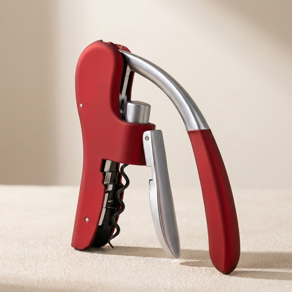A red and silver wine bottle opener with a corkscrew, standing upright on a light beige textured surface against a warm beige background.