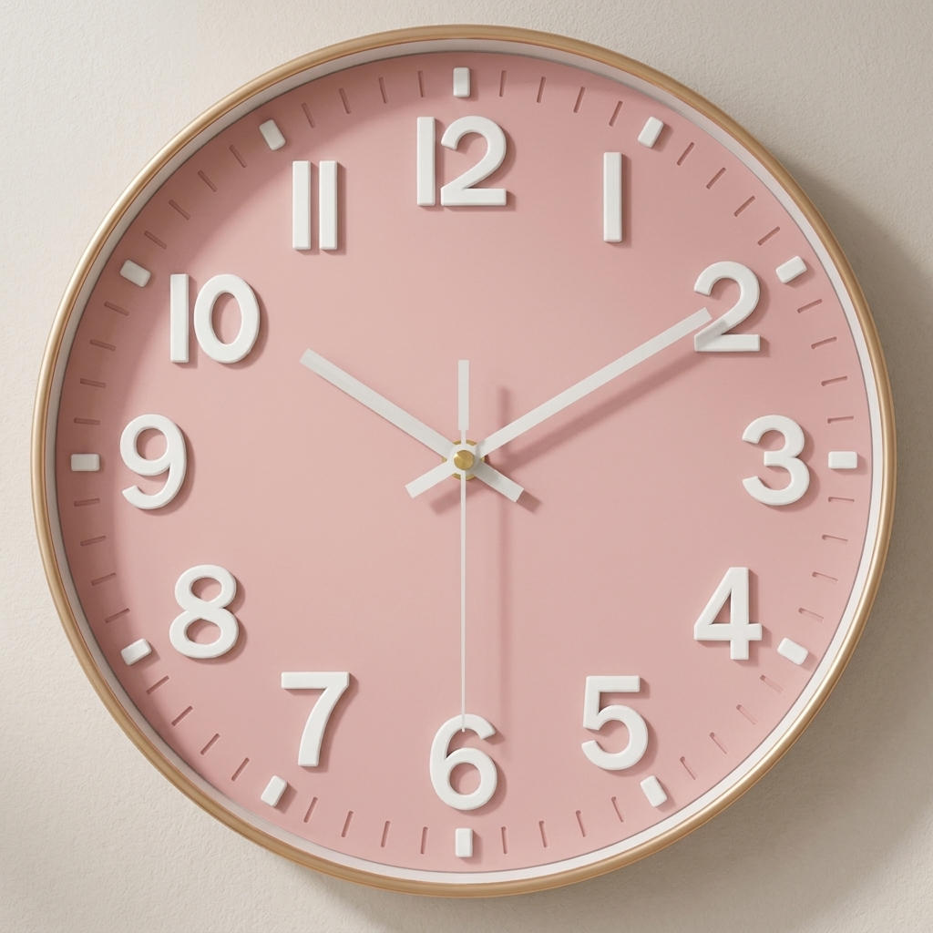 A round wall clock with a light pink face, large white Arabic numerals, white hands, and a thin light wood frame, shown against a plain light beige wall.