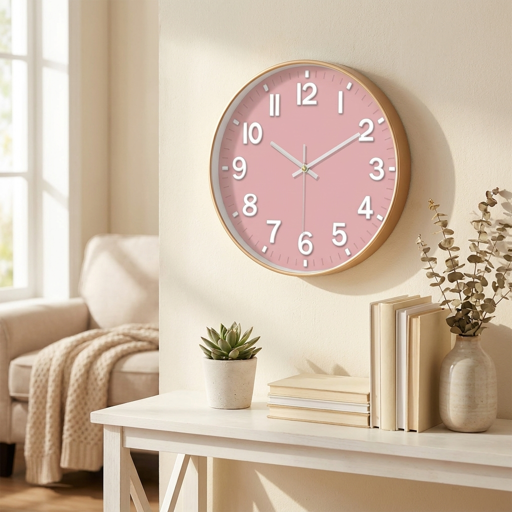 A round wall clock with a pink face and gold-toned frame hangs on a cream wall above a white console table styled with books, a small plant, and dried stems.