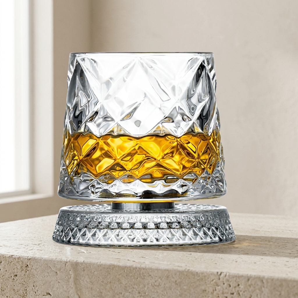 A clear cut-crystal tumbler with a matching circular base, partially filled with amber liquid, photographed on a stone surface against a softly lit neutral background.