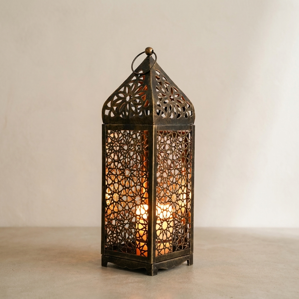 A tall, ornate metal lantern with intricate cutout patterns, illuminated from within by warm glowing candles, set against a neutral beige background.