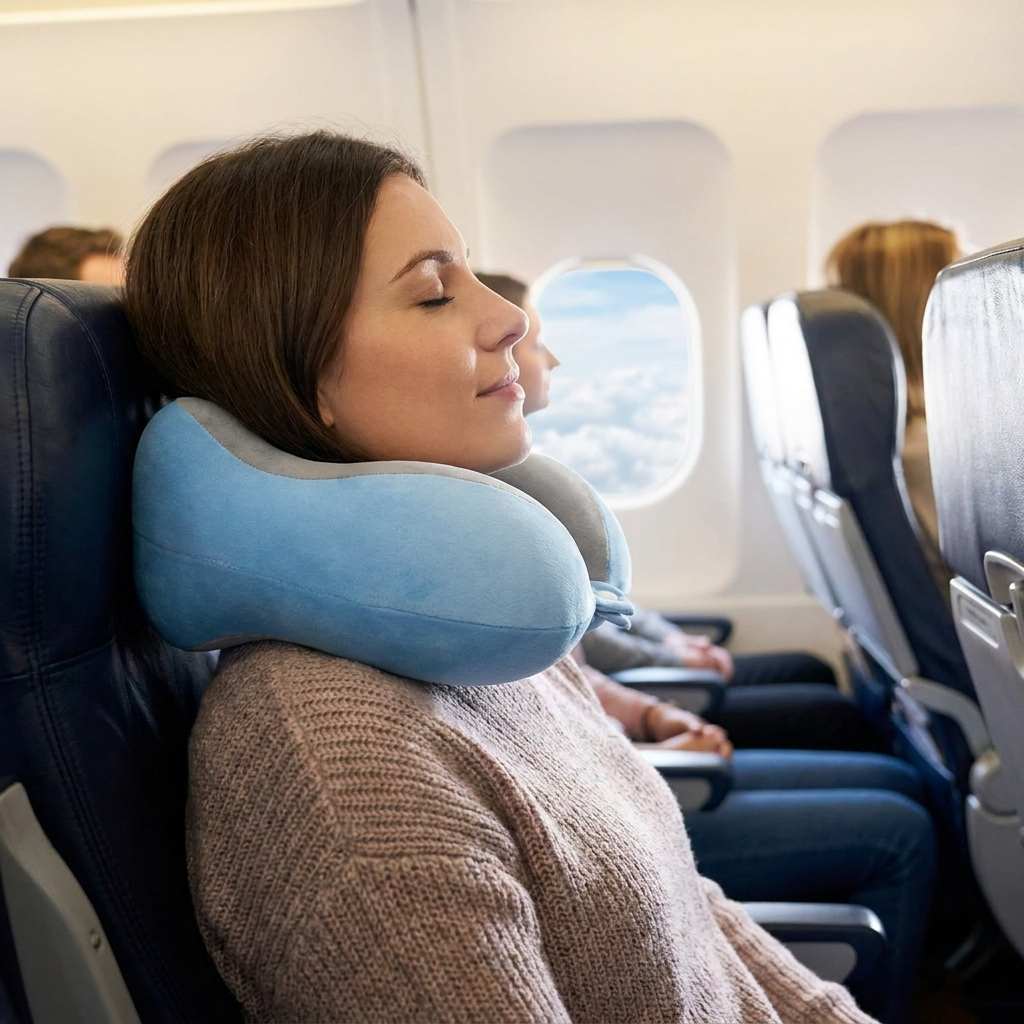 A woman resting on an airplane with her head supported by a light blue travel neck pillow. She is wearing a beige knit sweater, seated in a dark blue airplane cabin next to an open window.