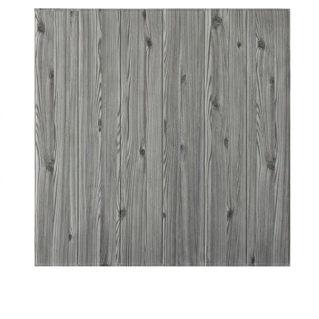 A square sample of gray wood plank texture with realistic vertical grain, knots, and panel seams, shown against a white background.