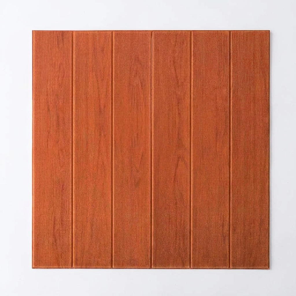 A square sample of reddish-brown wood-look paneling with vertical plank lines, shown against a plain white background.