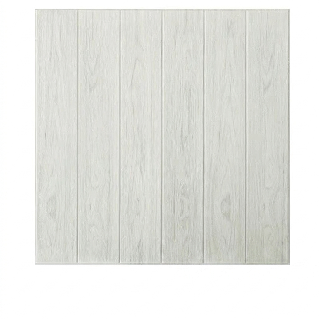 A square sample of whitewashed wood paneling with a light gray and off-white finish, showing vertical planks and subtle grain texture, isolated on a white background.