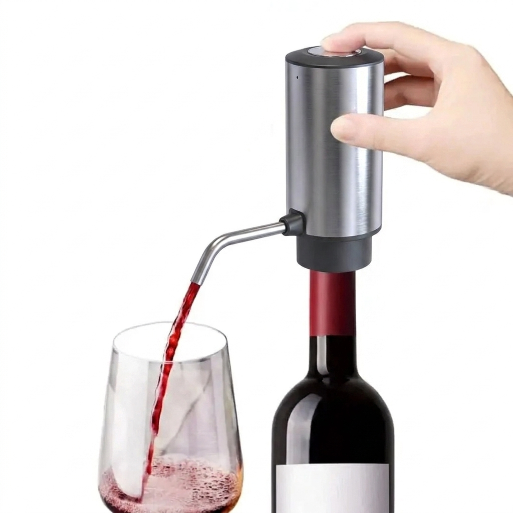 A stainless steel wine bottle opener dispenser being pressed by a hand, dispensing red wine from a wine bottle into a clear glass on a white background.