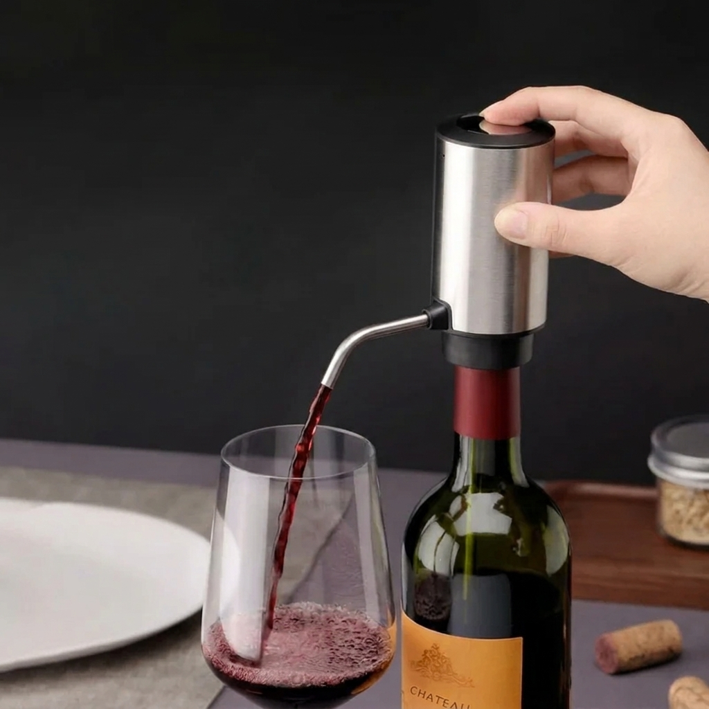 A stainless steel wine bottle opener pump with a hand pressing the top button, dispensing red wine from a wine bottle into a glass.