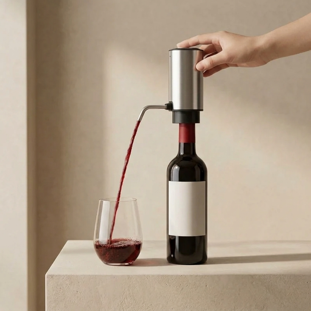 A stainless steel wine bottle pump with a hand pressing the top button, dispensing red wine from a dark glass bottle into a clear wine glass on a beige stone pedestal.
