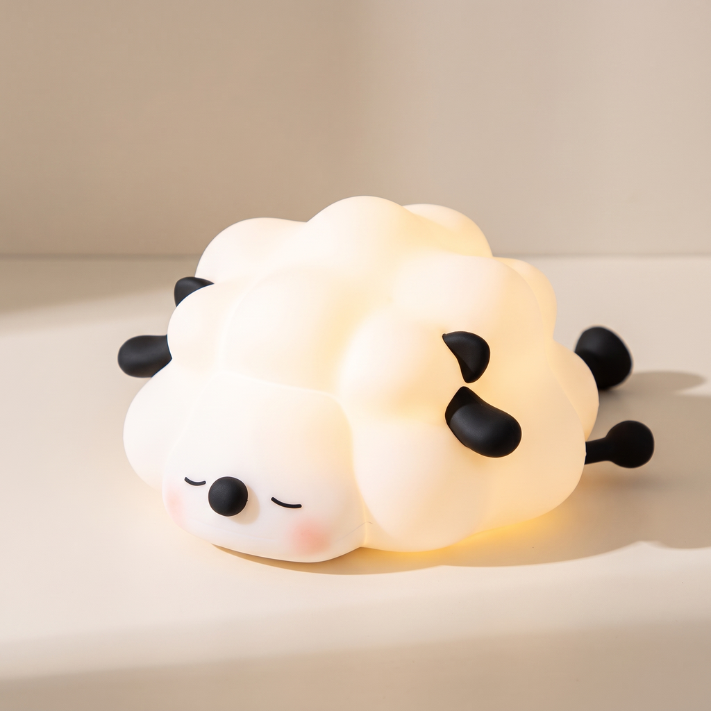 A cute, cloud-shaped sheep night light with a sleeping face, glowing with a warm yellow light, resting on a beige surface.
