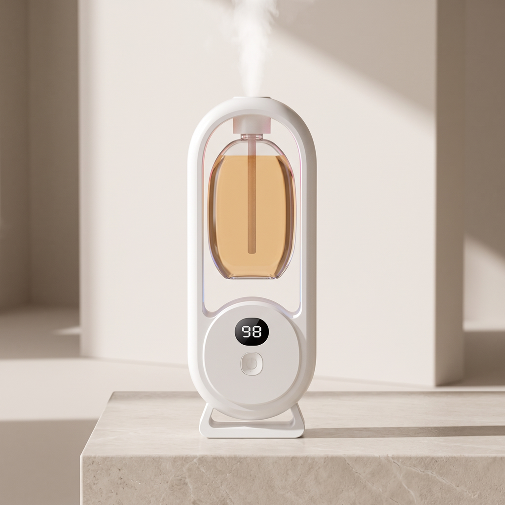 A white tabletop humidifier with a clear water chamber showing warm amber liquid inside, emitting a fine mist. The device has a circular digital display showing '98' and a minimalist stand, set on a light stone surface against a warm beige background.