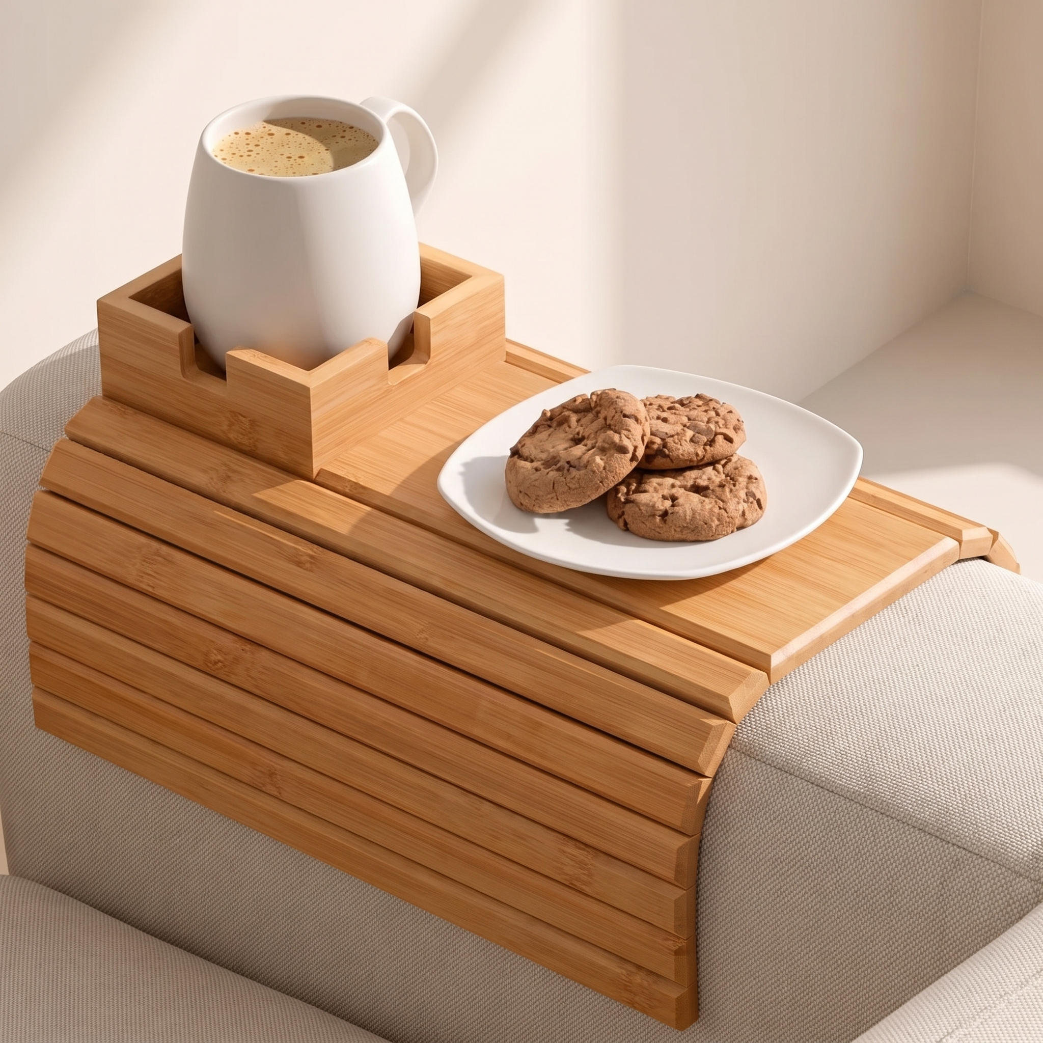 A bamboo armrest tray resting on a light beige sofa, holding a white ceramic mug filled with coffee and a white plate with cookies, in a softly lit indoor setting.