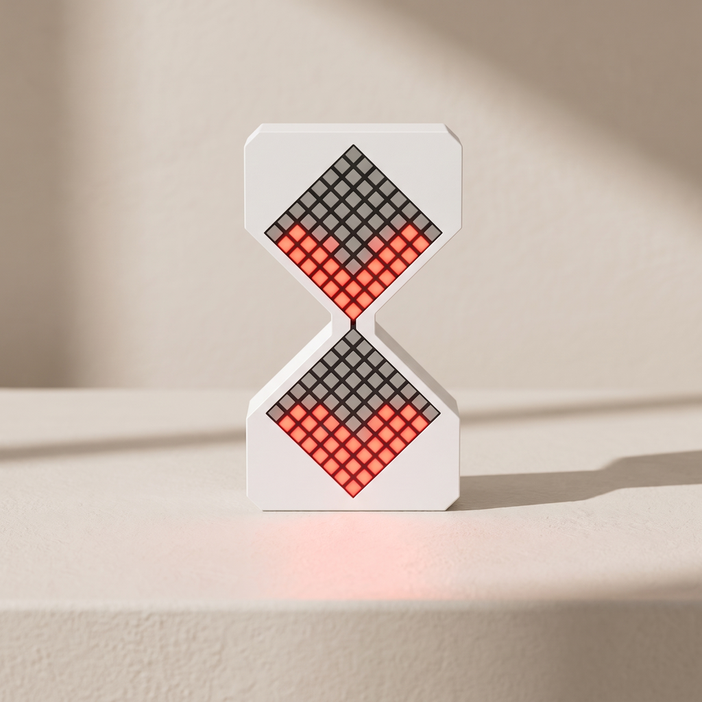 A white geometric hourglass-shaped decorative object with two diamond panels, each showing a grid of gray squares and red illuminated sections, standing on a beige surface against a warm beige background.