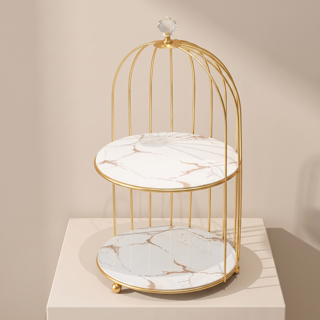 A two-tier decorative stand with a gold metal cage frame and white marble-patterned trays, displayed on a beige pedestal against a neutral beige background.