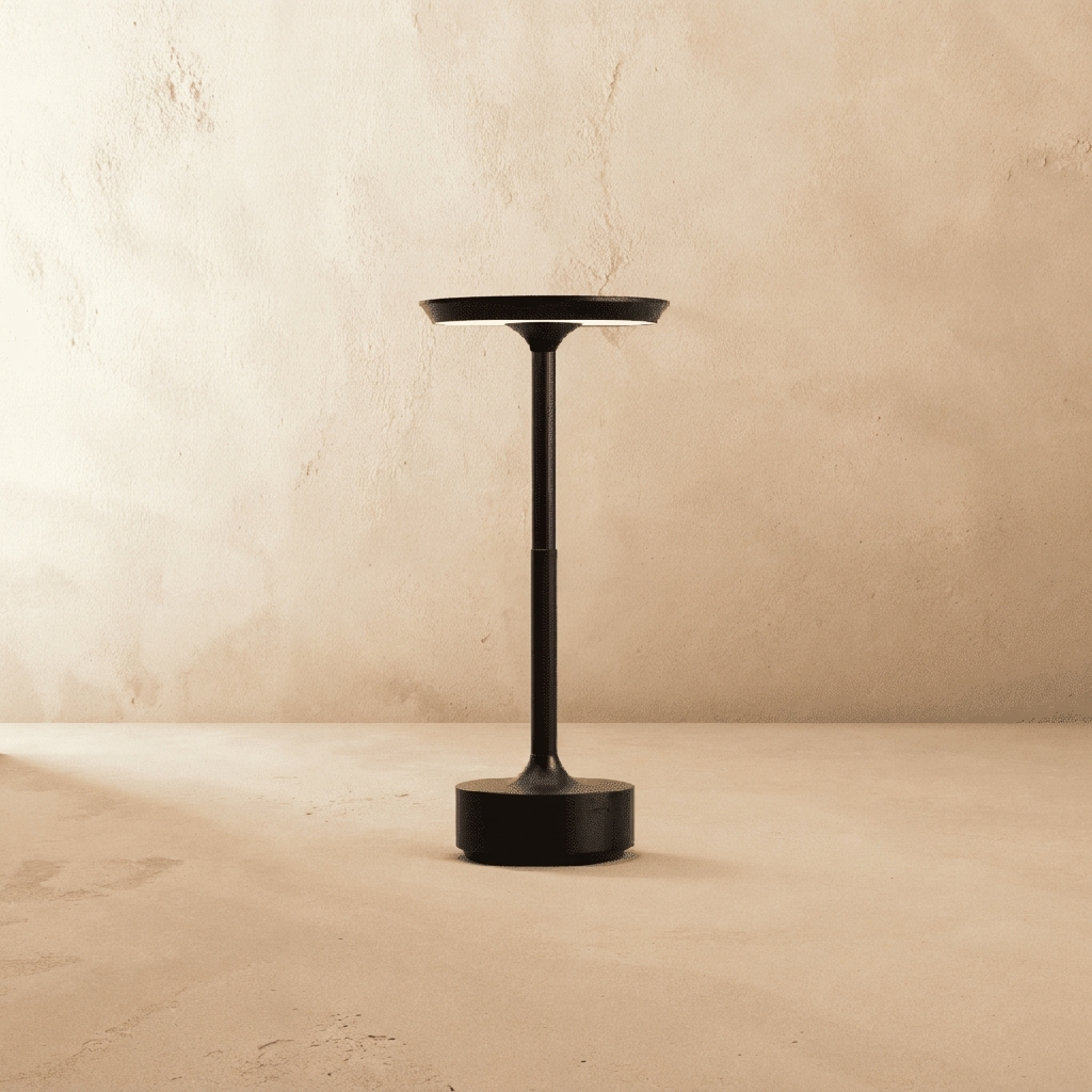 A modern black metal pedestal table with a circular top and round base, set against a textured beige plaster wall and floor.