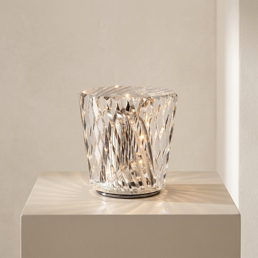 A clear faceted glass candle holder or vase with a silver-toned base, displayed on a white pedestal against a warm beige wall.