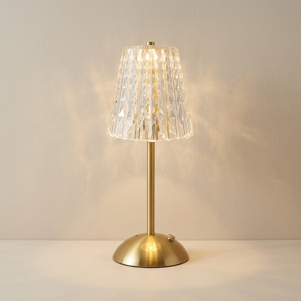 A table lamp with a brushed gold metal base and stem, featuring a clear faceted crystal shade that glows warm white when lit, set against a neutral beige background.