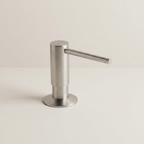A modern stainless steel countertop dispenser with a cylindrical body and a flat horizontal spout, shown on a clean off-white background.