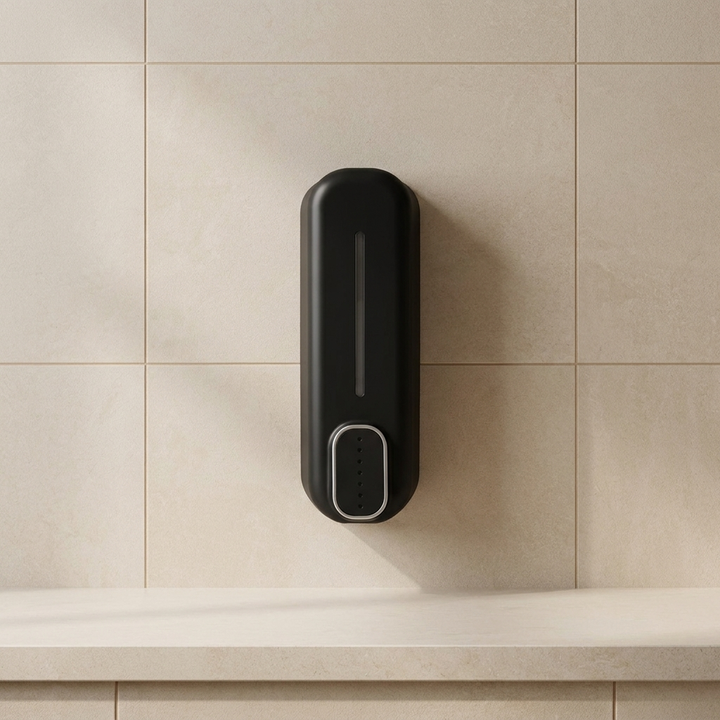 A matte black wall-mounted dispenser, likely for soap or lotion, mounted on a beige tiled wall above a light countertop.