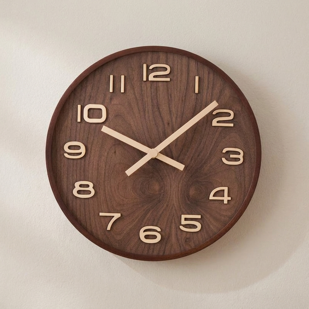 A round wooden wall clock with a dark brown wood grain face and light beige numerals and hands, mounted on a plain off-white wall.