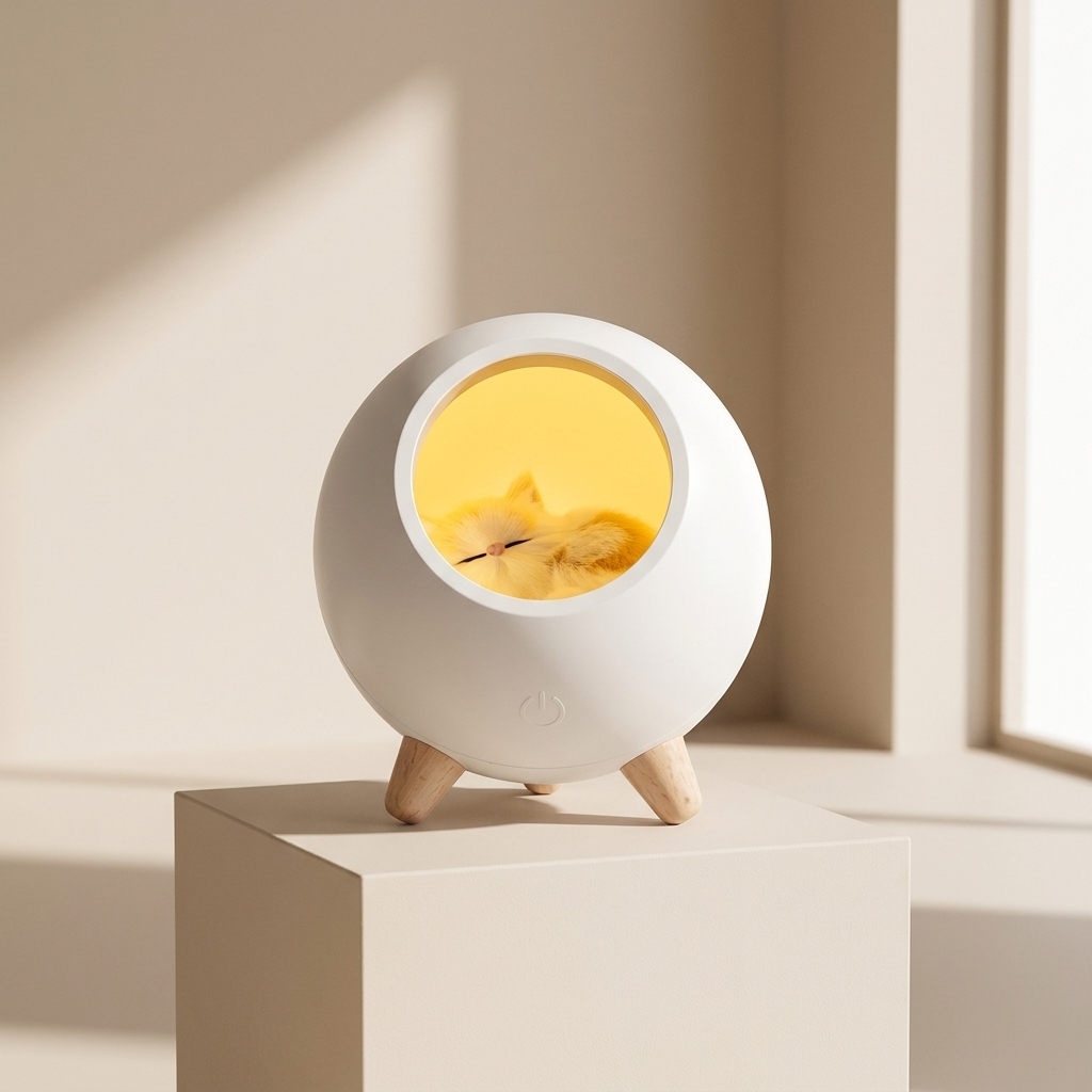 A spherical white tabletop lamp with a glowing warm yellow interior and small wooden legs, displayed on a beige pedestal in a softly lit room.