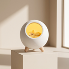 A spherical white tabletop lamp with a glowing warm yellow interior and small wooden legs, displayed on a beige pedestal in a softly lit room.
