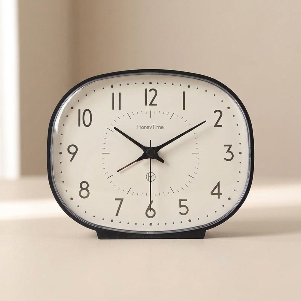 A HoneyTime analog desk clock with a rounded rectangular shape, featuring a cream-colored face, black numerals, and black hands, set against a minimalist beige background.