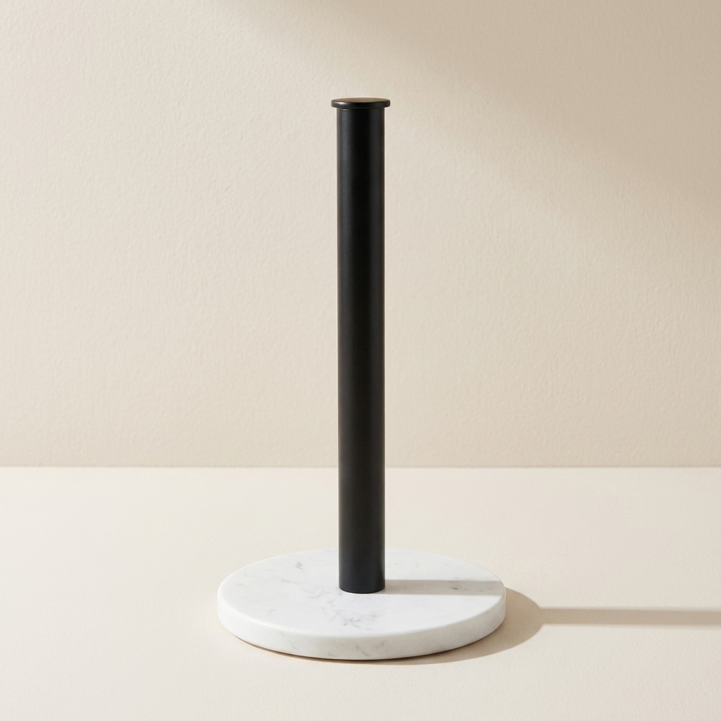 A modern paper towel bar with a matte black cylindrical pole and a round white marble base, set against a warm beige background.