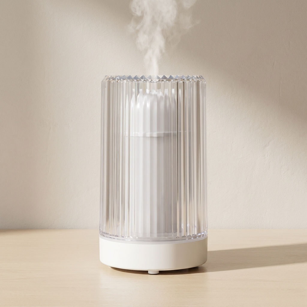 A white and clear ribbed cylindrical humidifier or diffuser sitting on a light wood surface against a warm beige wall, with visible mist rising from the top.