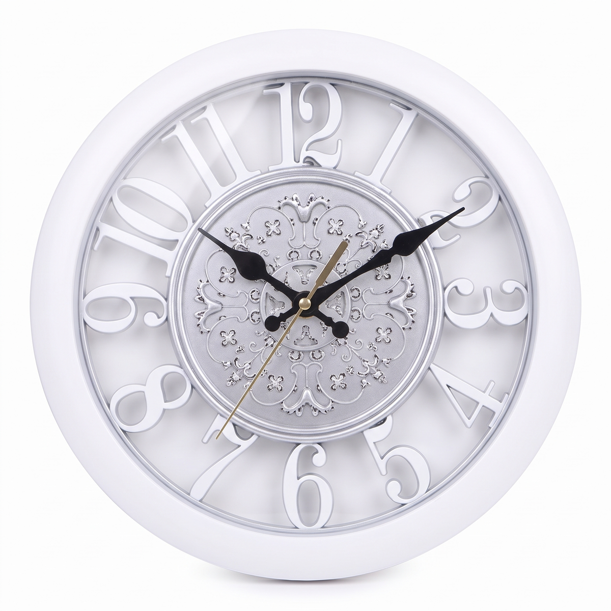 A round white wall clock with large decorative Arabic numerals and black hands, shown against a plain white background.