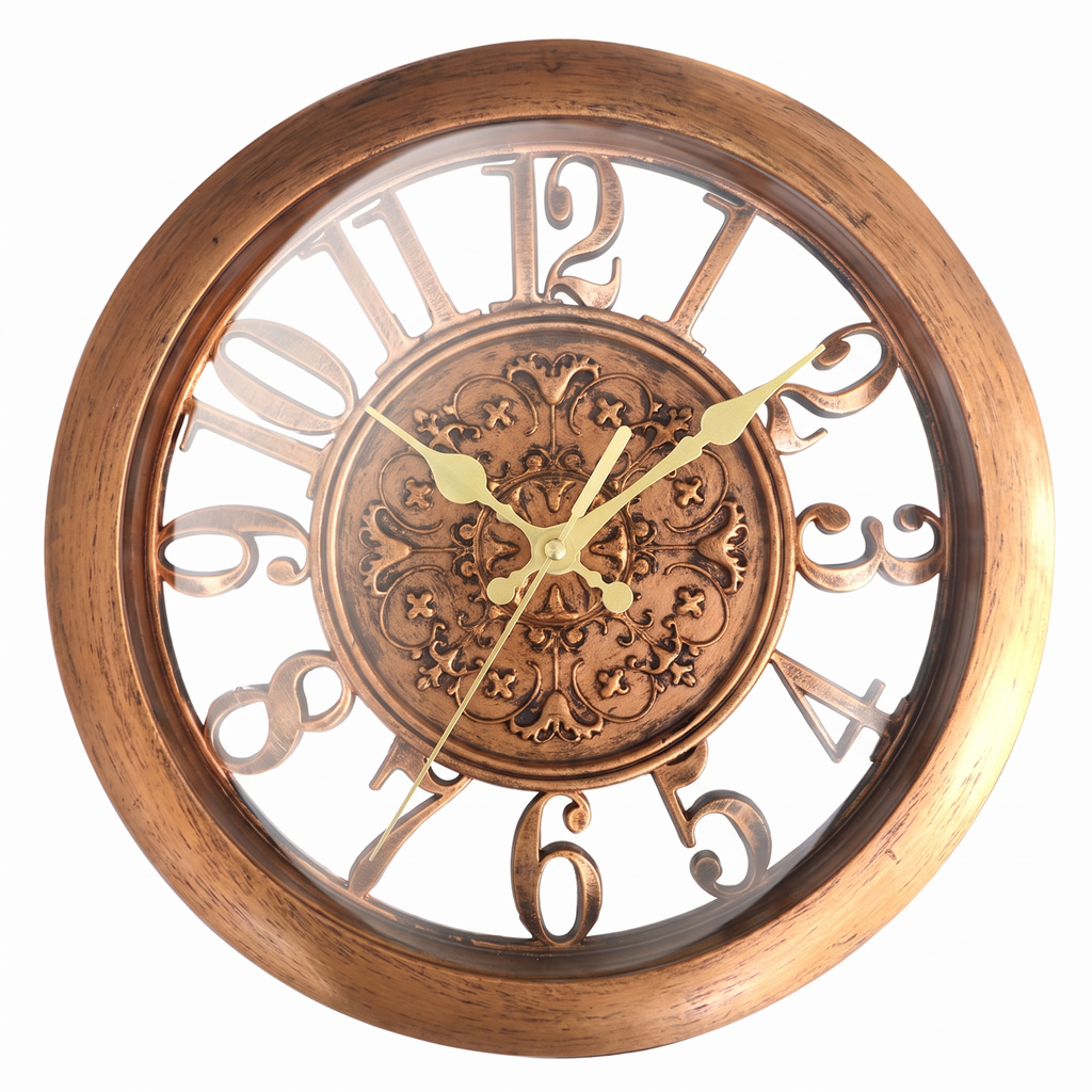 A round wall clock with a warm brown wood-grain frame, a central bronze-toned ornate medallion, and large cutout numerals with gold hands on a white background.