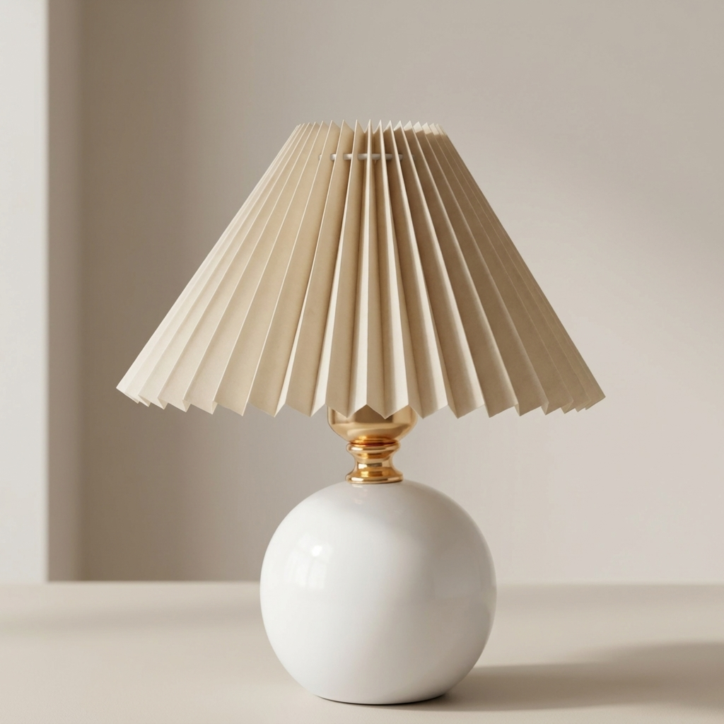 A modern table lamp with a pleated beige fabric shade, a gold-finished neck, and a glossy white ceramic base, set against a minimalist beige background.