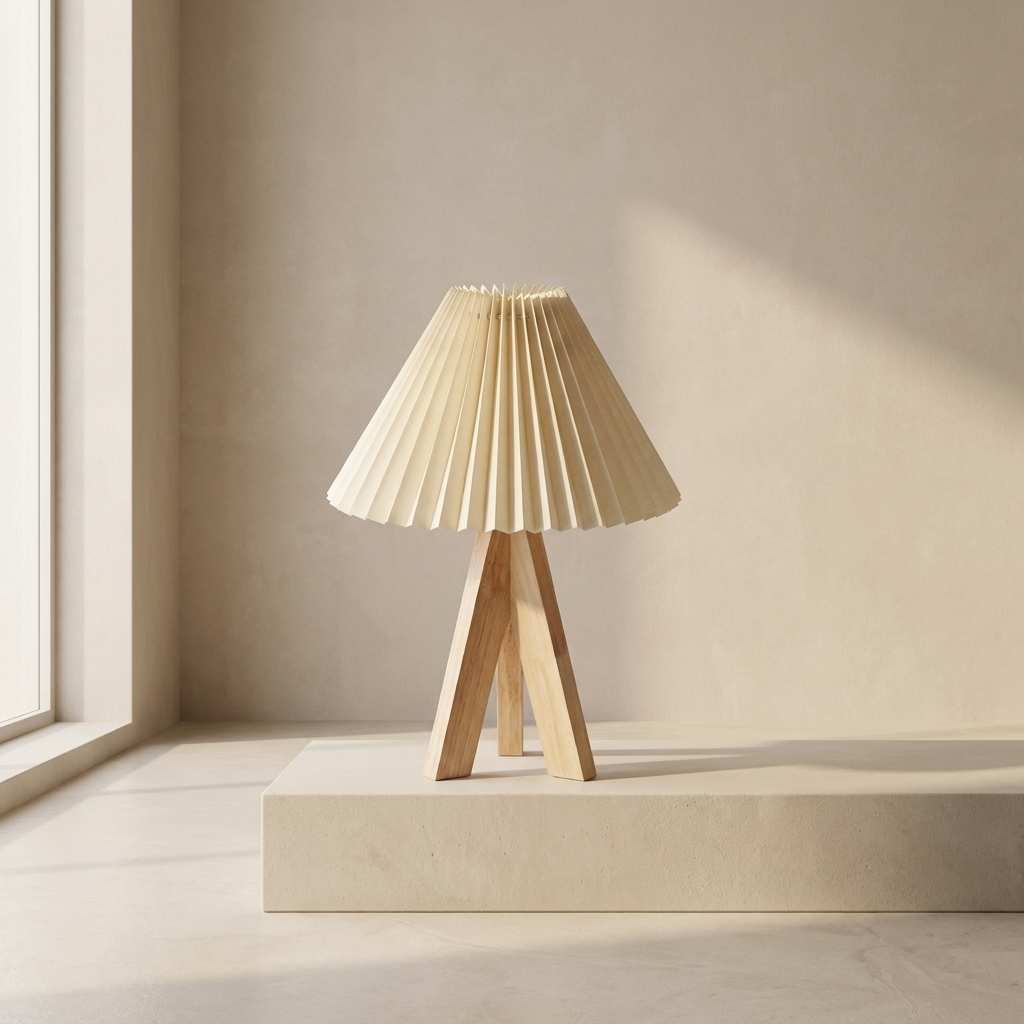 A pleated beige table lamp with a natural wood tripod base, displayed on a matching beige pedestal in a minimalist room setting with warm sunlight.