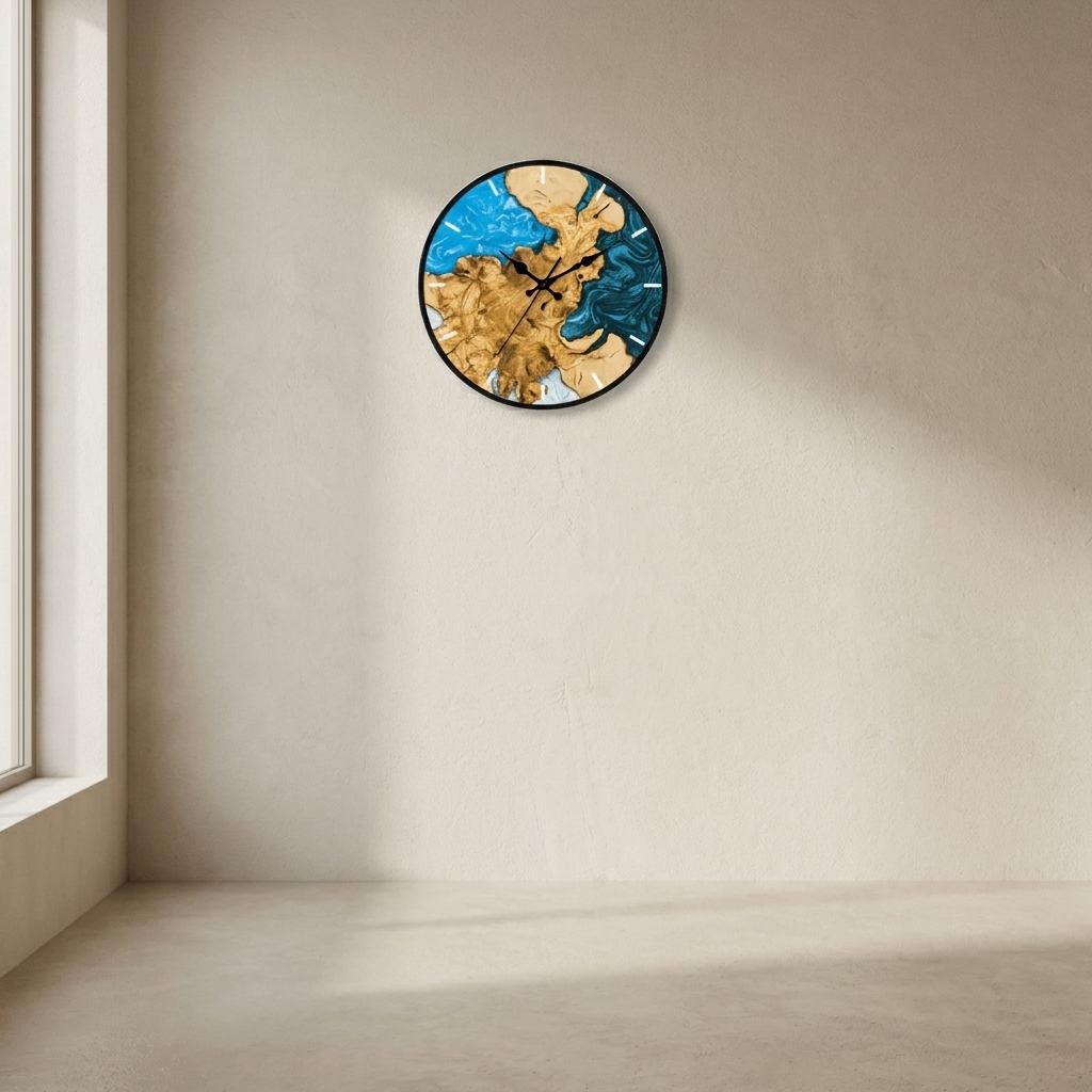 A round wall clock with an abstract map design in blue and gold tones, mounted on a beige plaster wall next to a window.