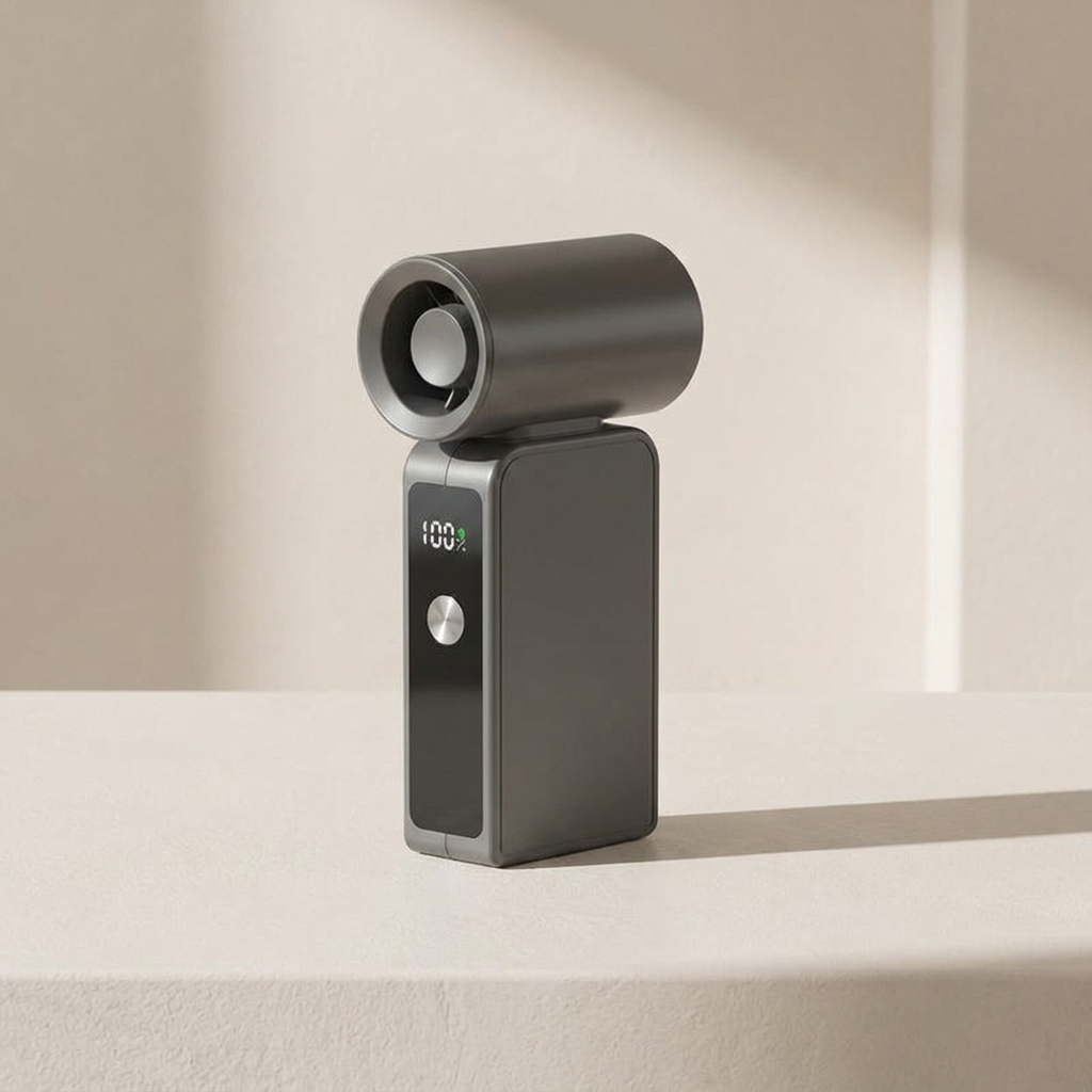 A modern dark gray personal fan with a digital display showing 100% and a silver button, standing on a light beige surface with soft shadows.