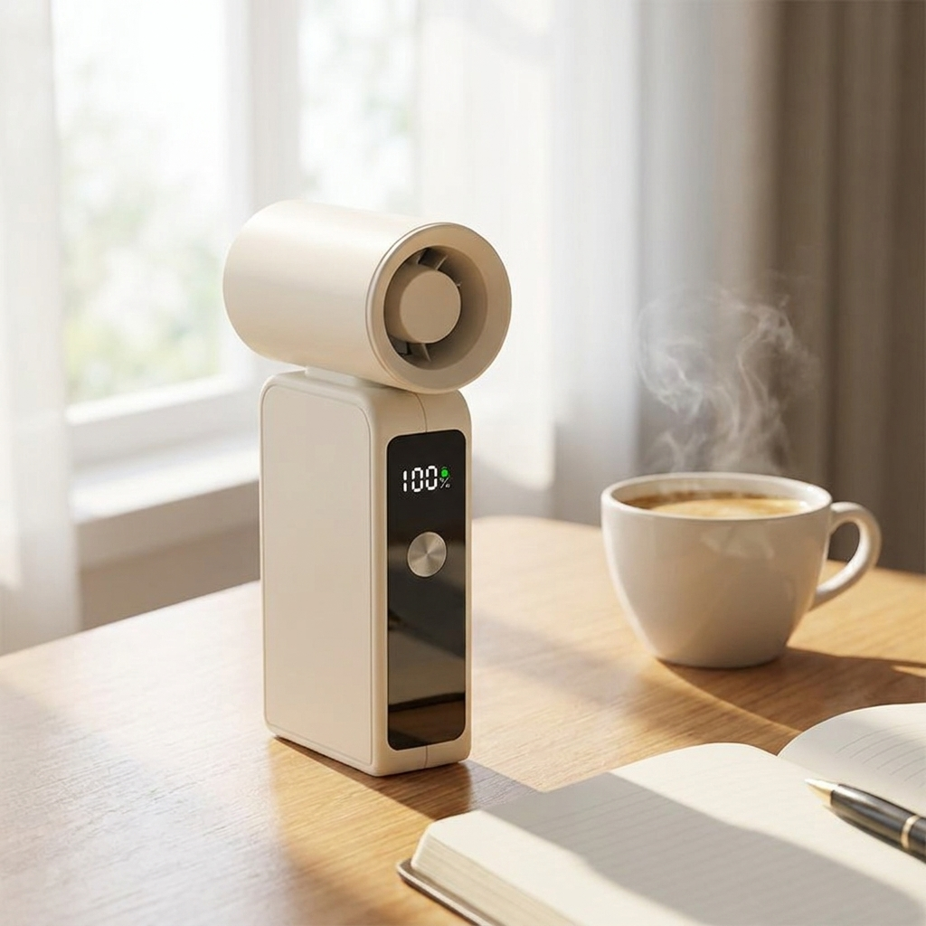 A compact, modern handheld fan and humidifier device in a warm cream color stands on a wooden desk next to a steaming cup of coffee and an open notebook, with a soft-focus window and curtains in the background.