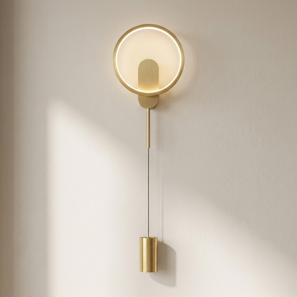 A modern wall-mounted light fixture with a circular backplate, warm white illuminated ring, slim vertical rod, and cylindrical gold-toned base, shown against a plain off-white wall with soft sunlight and shadows.