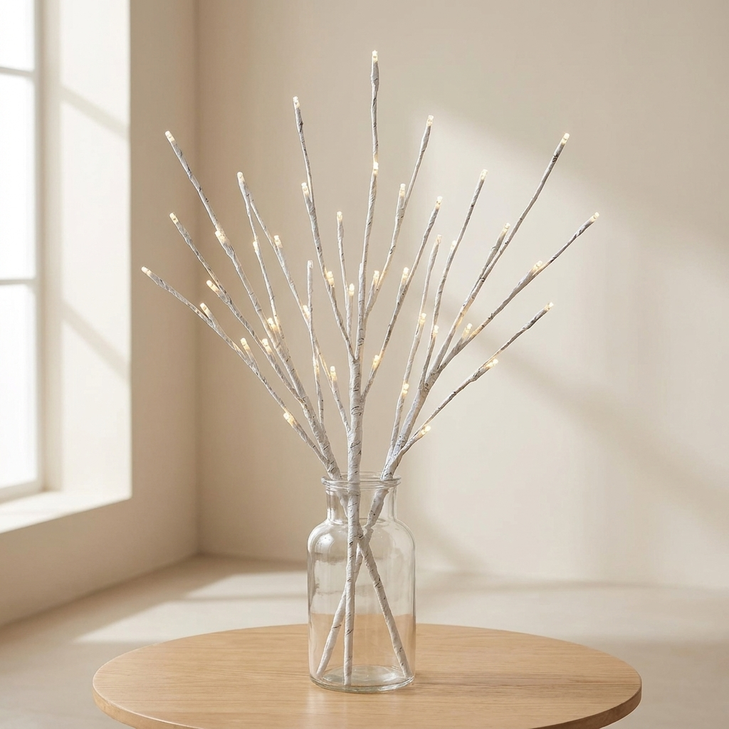 A decorative arrangement of frosted white branches with small warm white LED fairy lights, displayed in a clear glass jar vase on a round wooden table in a softly lit room.